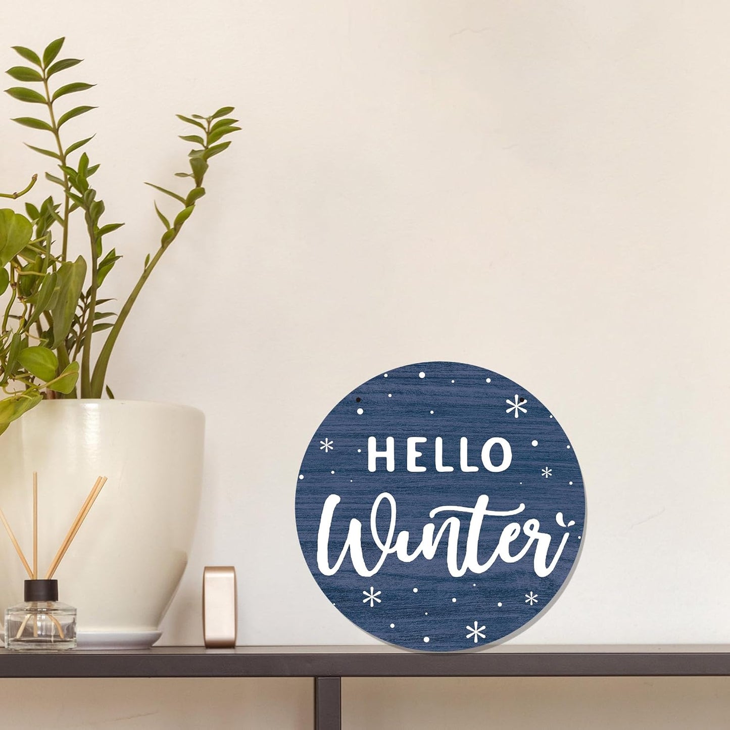 CGBHW Hello Winter Wooden Sign, Navy Blue Holiday Snowflake Hanging Sign Wall Decor for Room Home, Winter Wonderland Snowy Christmas Door Decor 12 x 6 Inch