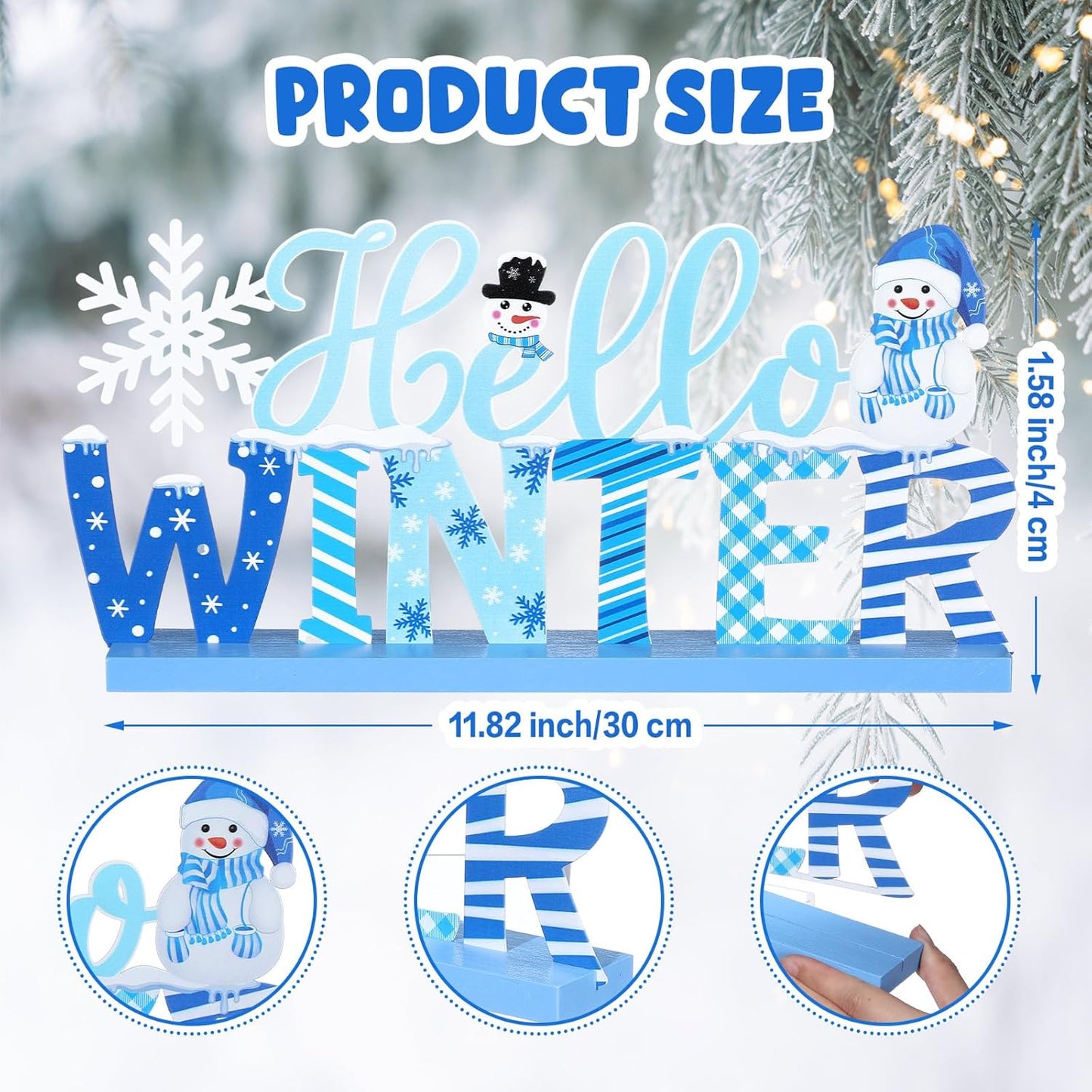 Winter Metal Sign Hello Winter Table Decor Christmas Tiered Tray Decor with Wooden Base Metal Blue and White Snowman Snowflake for Xmas Home Tabletop Centerpiece Mantel Shelf Fireplace