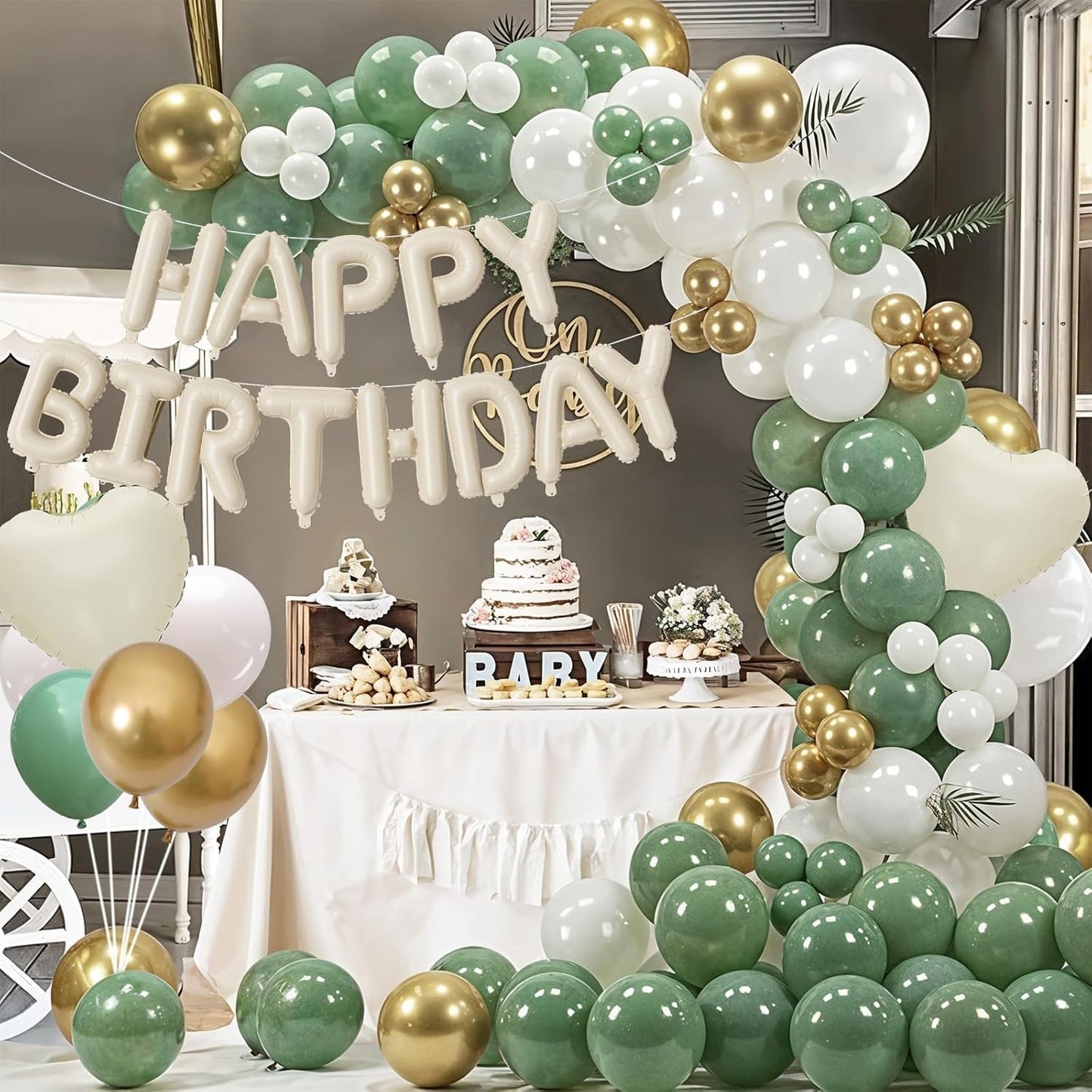 Happy Birthday Balloon Banner Cream Green, 16 Inch Beige Mylar Letters Heart Foil Balloons Sage Olive Green Ivory Metallic Gold Balloons Boho Neutral Birthday Decorations for Girls Women Boy Men