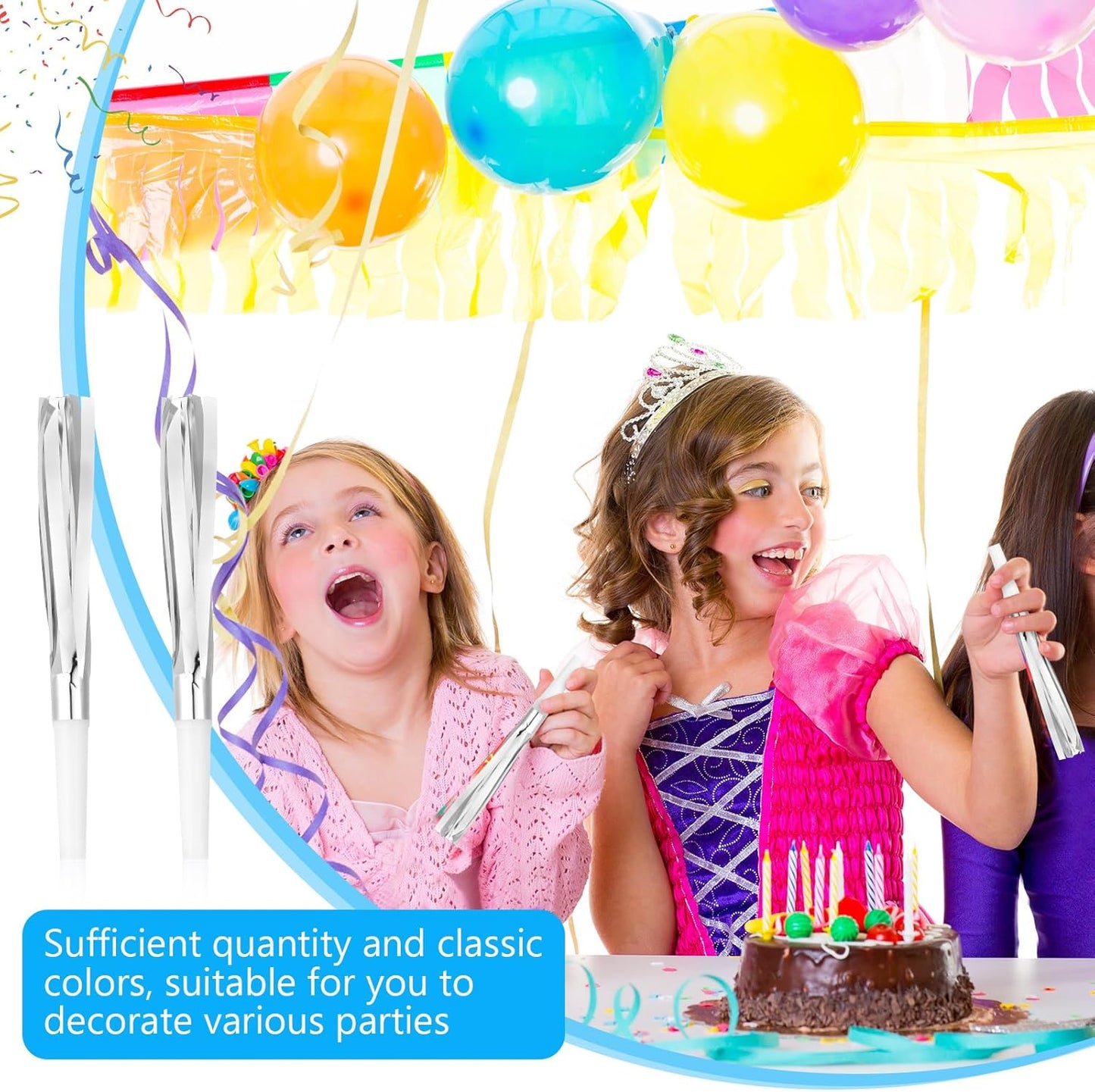 Metallic Fringed Noise Makers, 24 Pcs, Gold White, Silver White, for Noise Makers Party Favors, Baby Shower, Kids Birthday, New Year Party