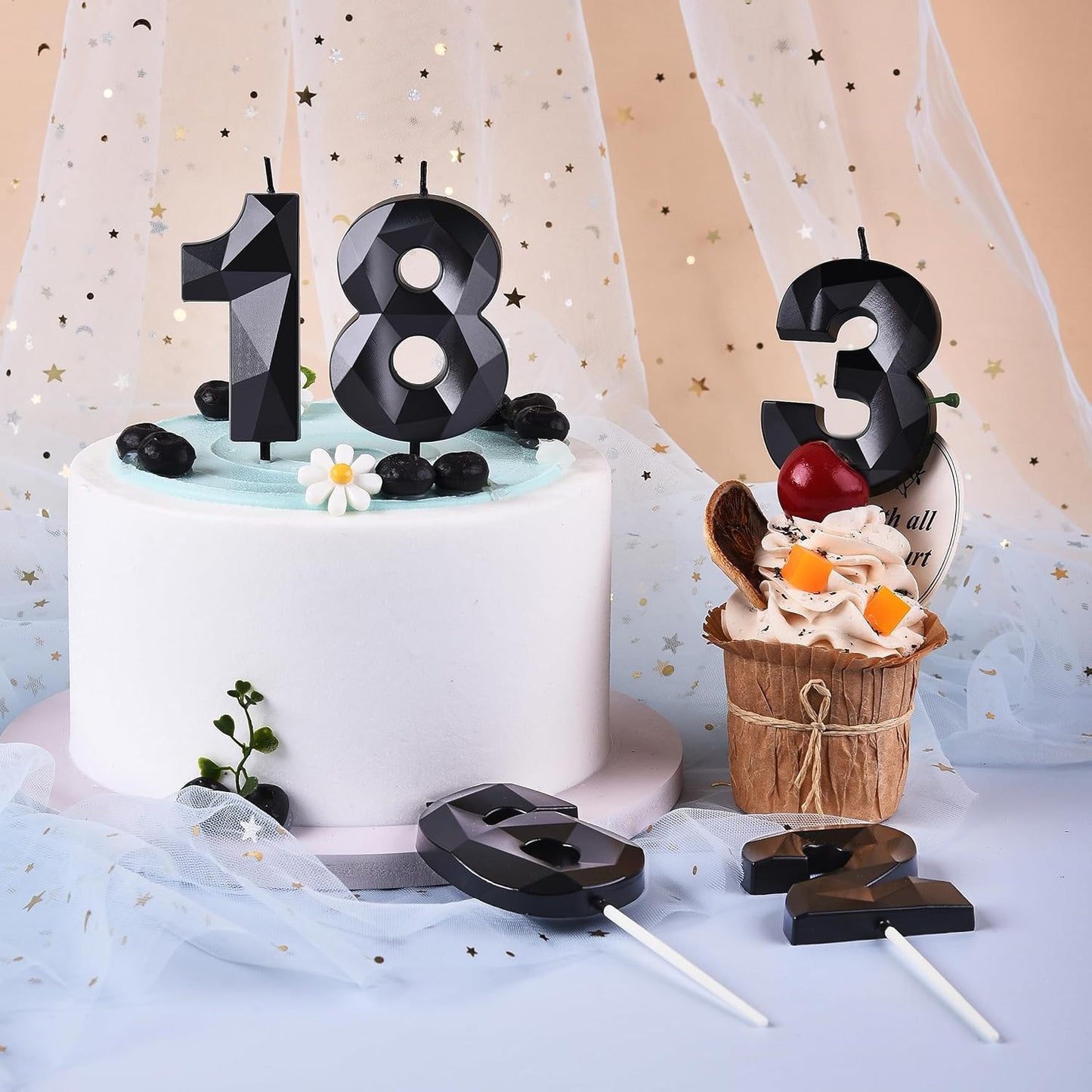 PHD CAKE 2.76 Inch Crystal Black 4 Number Birthday Candles, Black Number Candles, Cake Number Candles, Party Celebration