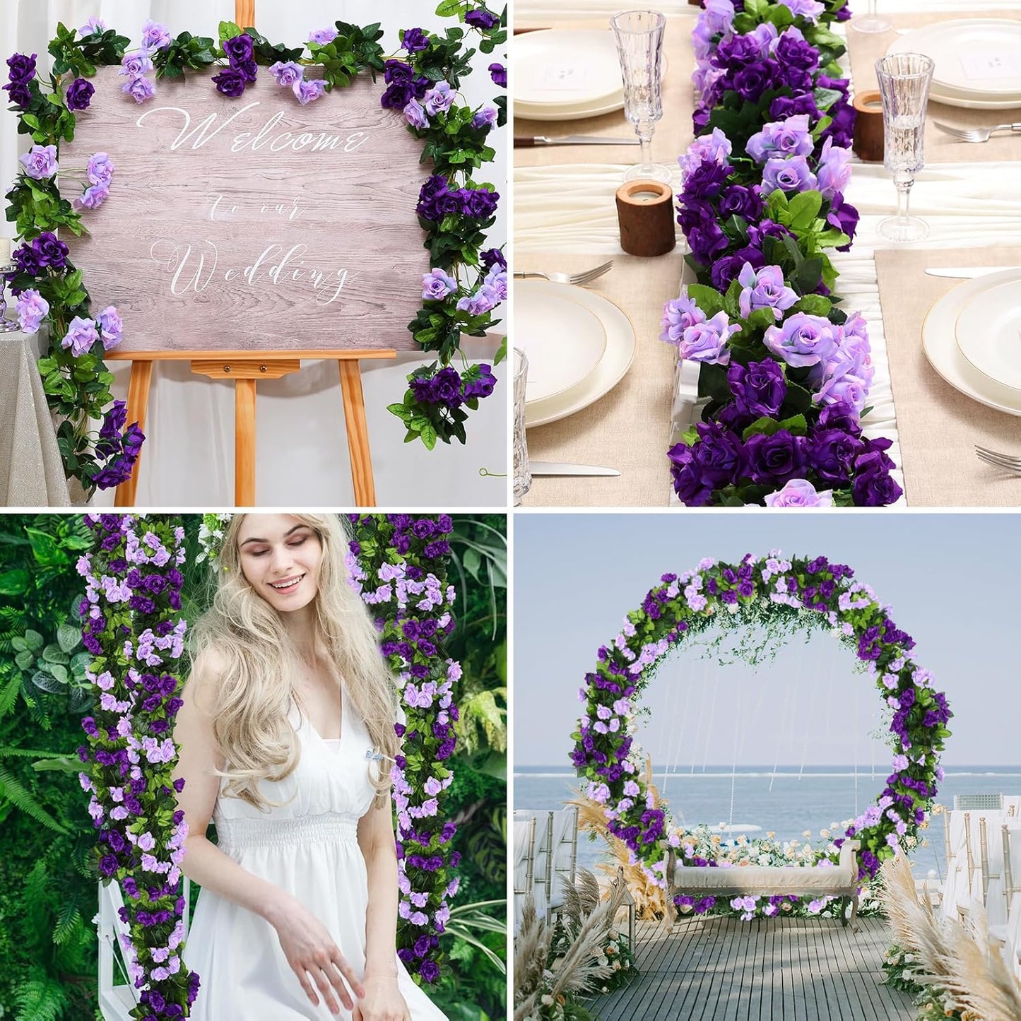 Floweroyal 4 Pack Artificial Flower Garlands 7.9FT Fake Rose Vines Silk Flowers Hanging Rose Ivy for Wedding Arch Party Home Garden Wall Decor (Purple)