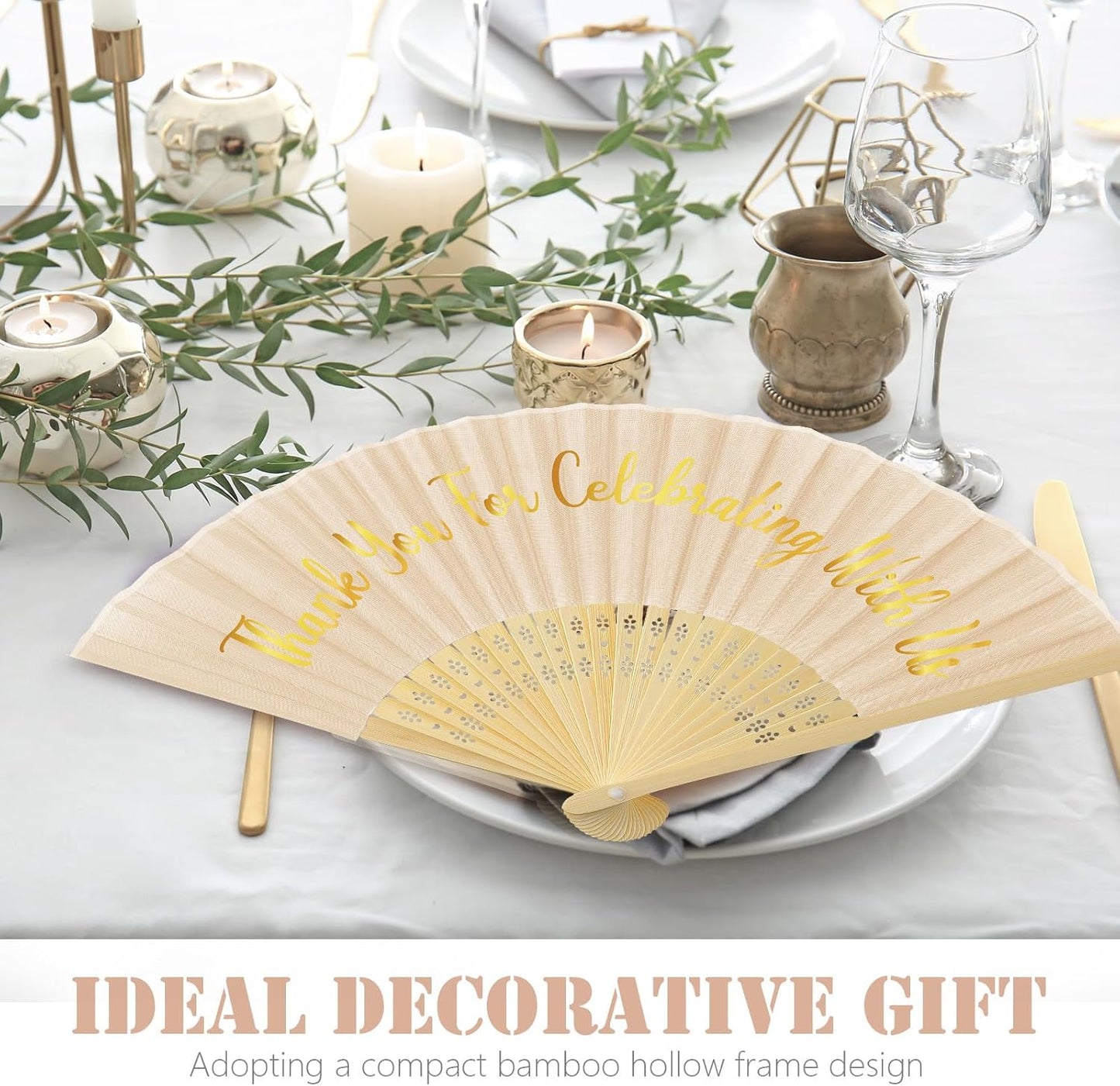 Jetec 50 Pcs Wedding Fans for Guests Bulk Silk Hand Fans Handheld Folded Thank You for Celebrating with Us Wedding Favors for Bridal Bridesmaid Baby Shower Dancing Party Church Gift(Ivory)