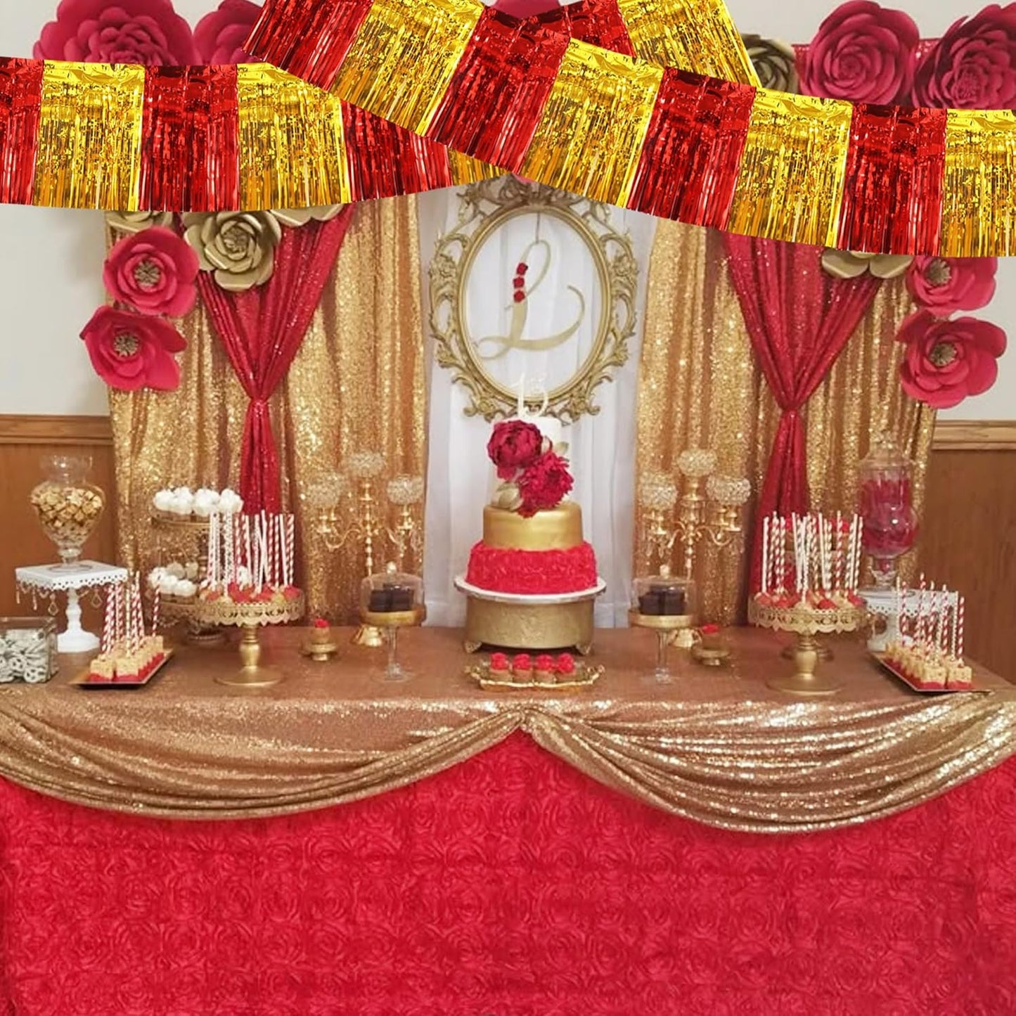 BEISHIDA 3 Packs Metallic Foil Fringe Garland Red Gold Wall Hanging Tinsel Fringe Banners for Car Floats Bridal Shower Wedding Birthday Easter Graduation Holiday Party Decoration(30 Feet)