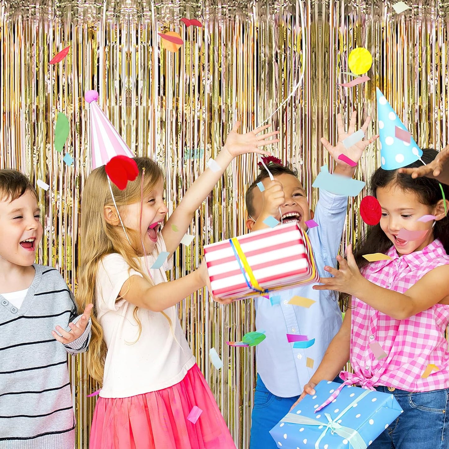 5 Pack Champagne Gold Fringe Curtains (3.2ft x 8.2ft) for Birthday, Wedding, Christmas Decoration