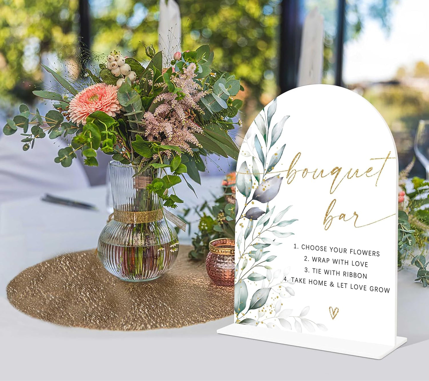 Acrylic Wedding Signs, Greenery Theme Bouquet Bar Sign, Wedding Reception Signage, Bridal Shower Table Decor with Stand, Bouquet Bar Supplies for Engagement, Anniversary, Newlywed Event and Party, 05