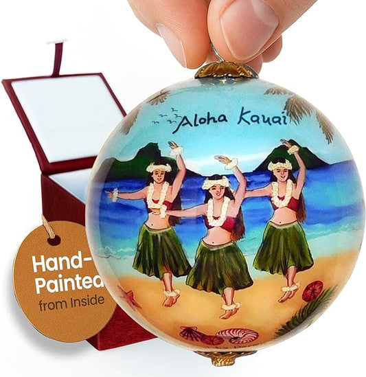 Collectible Kauai Hula Ornament Hand Painted Glass with Gift Box HU/K