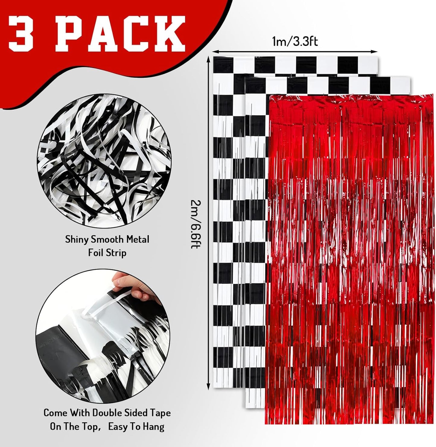 3 Pcs Racing Cars Foil Fringe Curtain Red Black White Checkered Photo Booth Props Tinsel Streamer Curtain Set for One Happy Dude Party Backdrop Decor