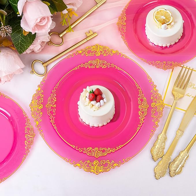 125PCS Hot Pink Plastic Plates - Clear Pink Gold Disposable Plates - Hot Pink Party Plate with Gold Plastic Silverware Set for 25 Guests for Wedding Party Birthday Valentine's Day