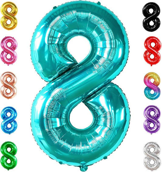 KatchOn, Giant Blue Teal Number 8 Balloons - 40 Inch || Aqua Teal Number Balloons for Happy 8th Birthday Decorations for Girls & Boys | Balloon For 8 Happy Anniversary Decorations