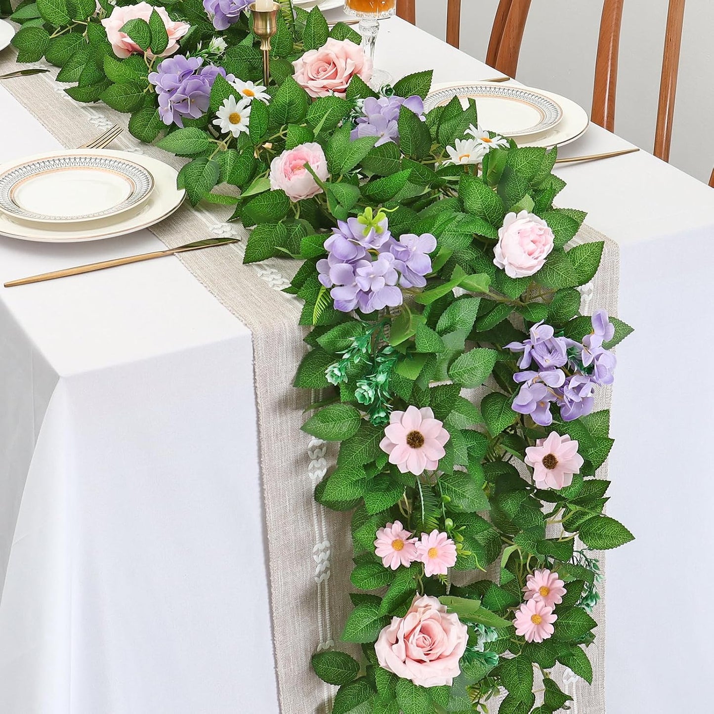 Dremisland 2PCS Artificial Rose Vine Fake Flower Garland 6FT Faux Silk Rose Hanging Vine Floral Garland Daisies Hydrangeas Ivy Vines for Wedding Party Wall Arch Garden Background Decor