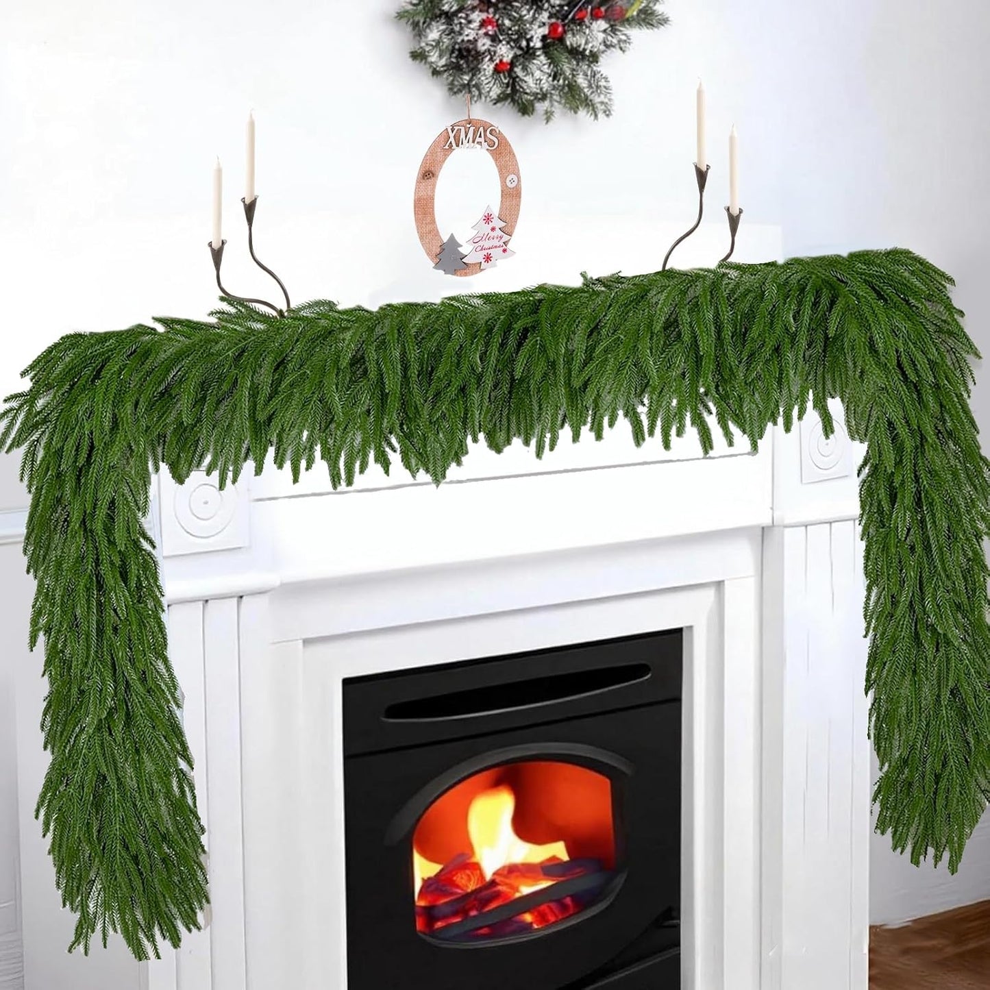 9FT Artificial Norfolk Pine Garlands for Christmas Decorations,Real Touch Winter Faux Greenery Garlands for Mantel Table Stair Fireplace Wall Holiday Indoor Outdoor Decor(1 Pack)