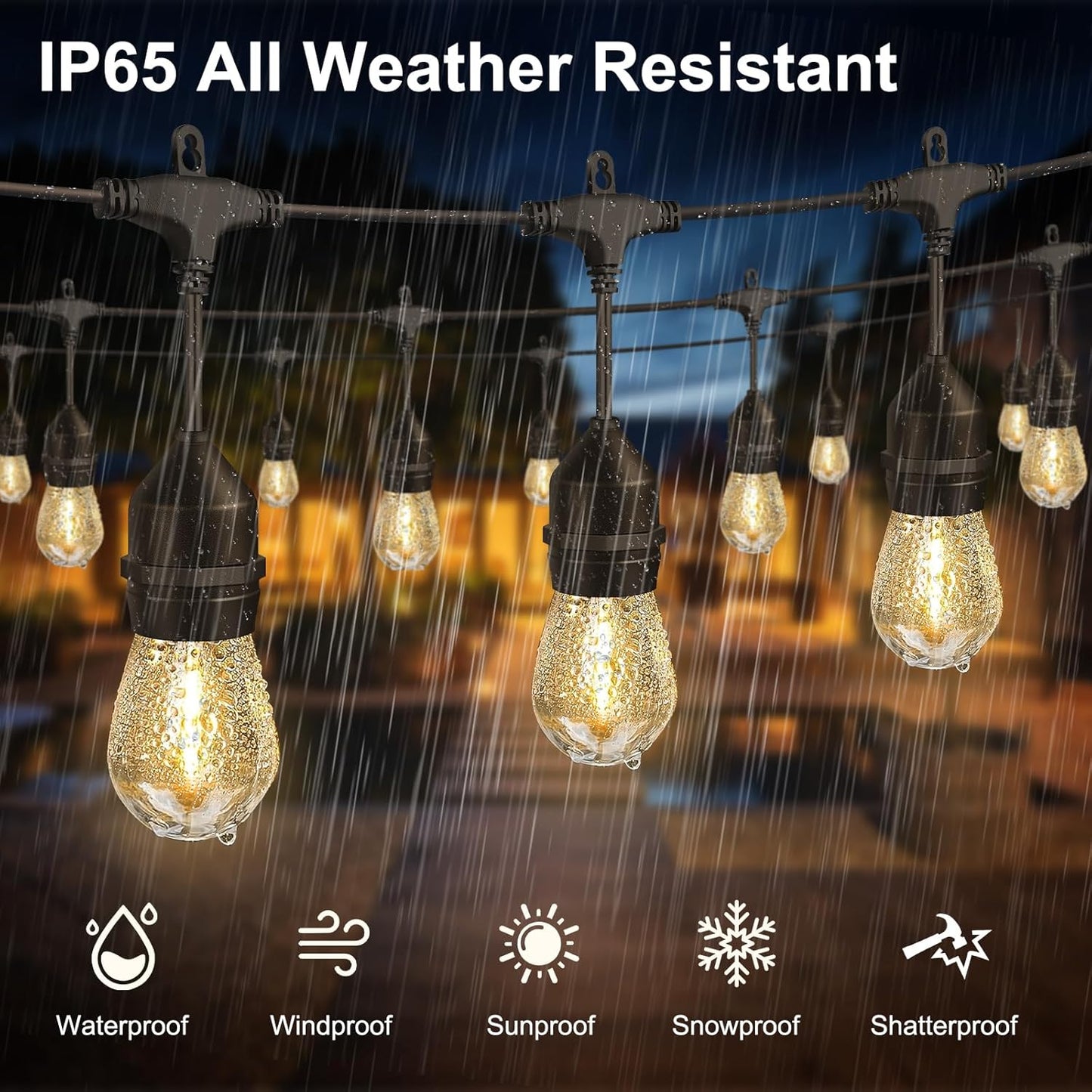 100FT Outdoor String Lights with 64+4 Bulbs (1.5FT Bulbs Spacing), Remote & Dimmer, Commercial Patio String Lights with 3 Mode Light & Timing, IP65 Waterproof, 100PC Mounting Ties for Outside