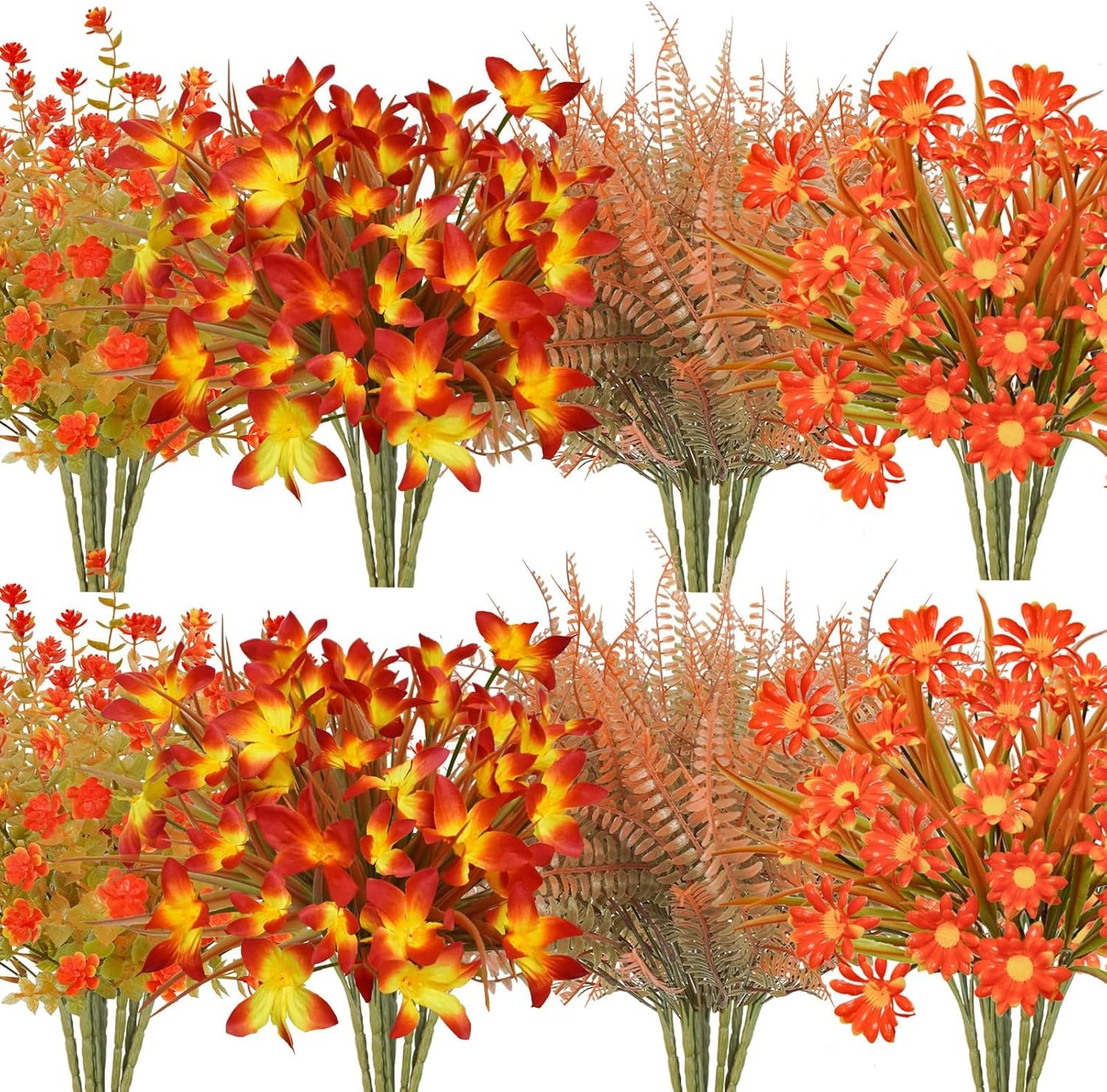16Pcs Artificial Fall Flowers Outdoor Fake Fall Plants UV Resistant Autumn Greenery Plastic Flowers Shrubs for Outside Porch Patio Garden Boxwood Thanksgiving Decor