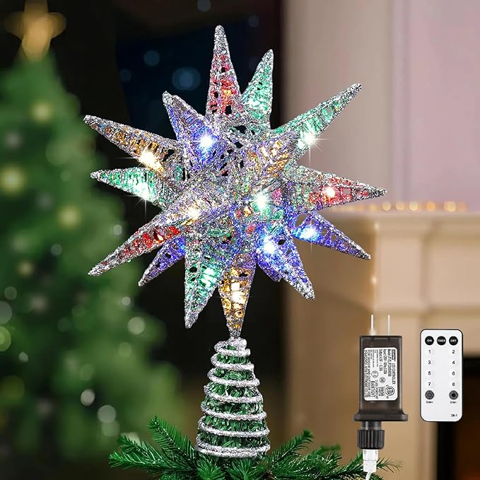 Lewondr Christmas Tree Topper, Plug in 3D Starburst Xmas Lighted Star Tree Topper, Remote Control & Timer Light Up Vintage Moravian Tree Topper for Christmas Decoraiton, Colorful Light, Silver