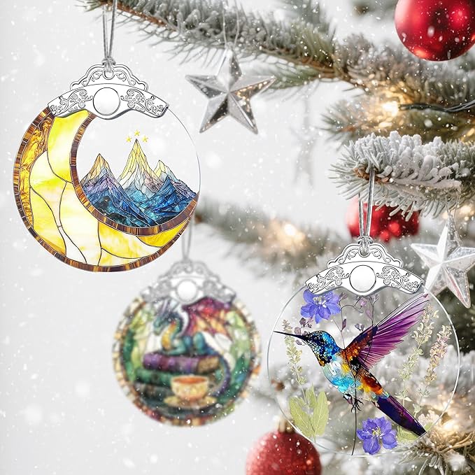 Christmas Ornaments: Stained Glass Ornament, Christmas Tree Ornament, Hanging Ornaments for Home Decor & Xmas Tree Decorations – Holiday Decor, Holiday Present - Mountains & Moon