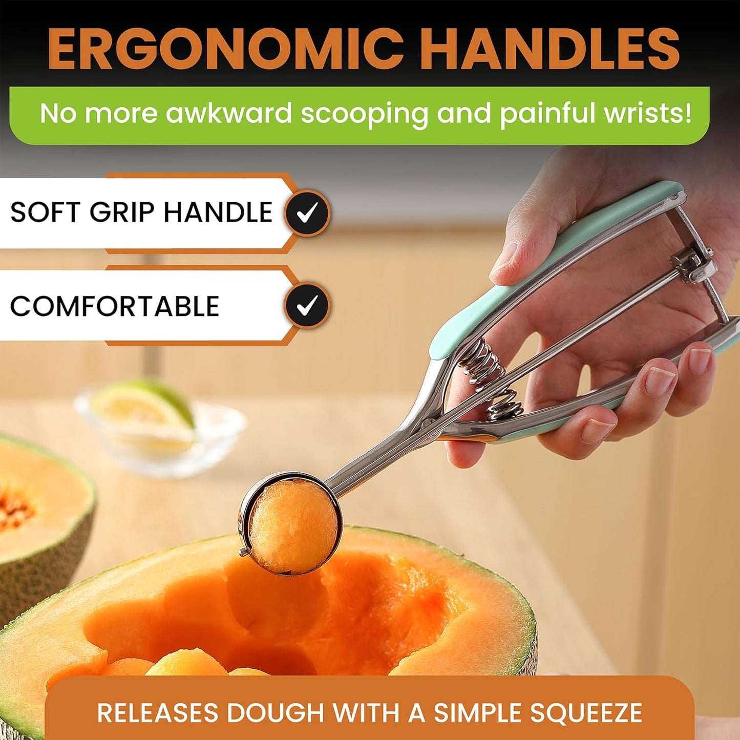Spring Chef - Mint Small Cookie Scoop for Baking, Multifunctional #60 Melon Baller with Trigger Release for Watermelon, Ice Cream, Protein Ball, Stainless Steel Scooper, 1 Tbsp Cookie Dough Scoop