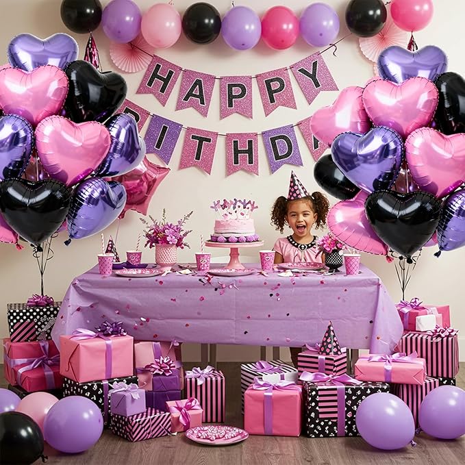 TONIFUL 30Pcs 18 Inch Black PInk Light Purple Balloons Heart Shape Foil Mylar Banners Decoration for Birthday Valentine's Day Wedding Bridal Shower Anniversary Engagement Party Supplies