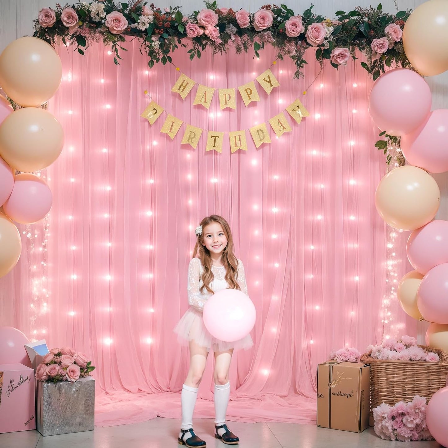 Sheer Backdrop Curtains with Lights String for Weddings Baby Showers, 10x10ft Sheer Tulle Photo Backdrop Curtains for Birthday Party Photography Background Decoration, Pink