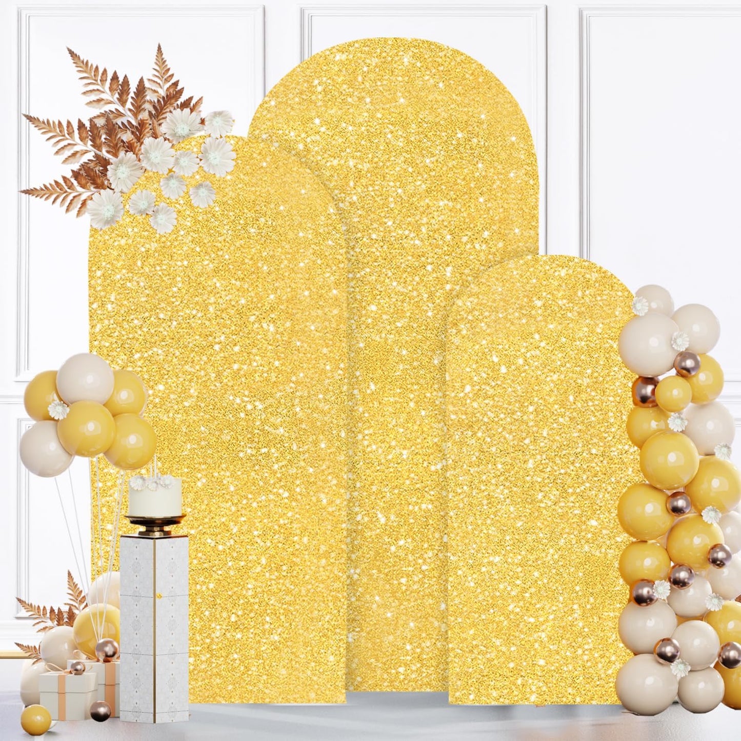 MODFUNS Metal Arch Backdorp Stand and Cover Set 6&6.6&7.2ft Gold Sequins Arch Backdrop Cover Set of 3 Golden Arched Backdrop Stand Wedding Arch Frame for Birthday Party Banquet Decoration