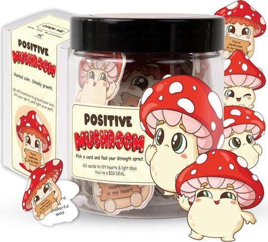 Mushroom Gifts for Women - 60 Positive Mushroom Cards Jar, Daily Affirmation Cards For Womens, Girls - Emotional Support Mushroom - Birthday Gift for Women, Coworkers, Besties - Teen Girl Gifts Trendy