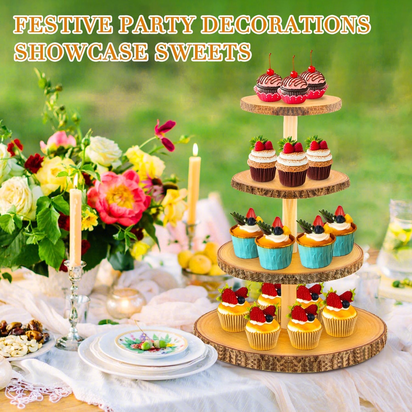 Cupcake Stand Wood Dessert Stands 4 Tier Wooden Cupcake Stand - Large Capacity, Bark-Covered, Varnished, Multi-Functional for Weddings, Baby Showers, and Parties.