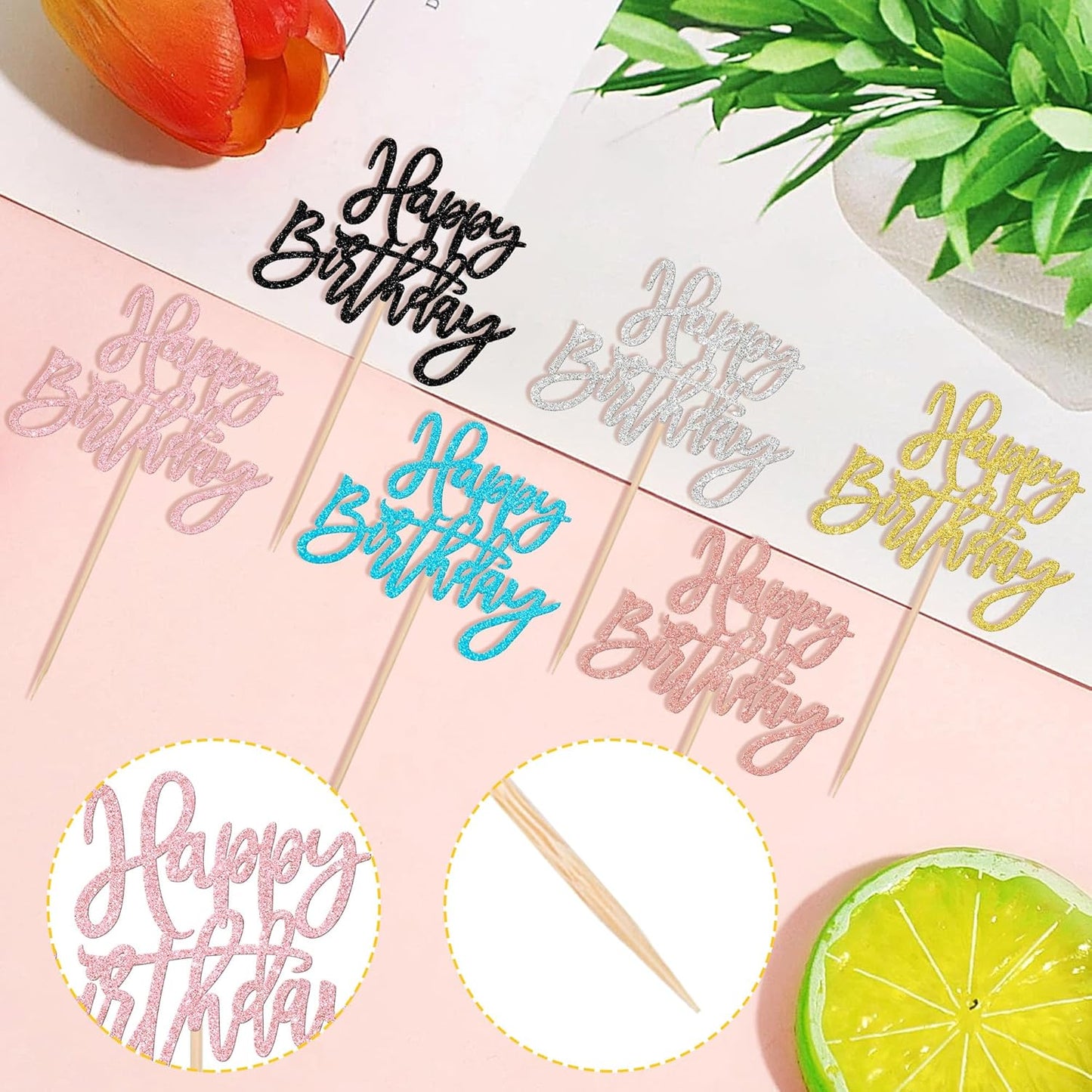 24 PCS Glitter Cupcake Toppers - Happy Birthday & Anniversary Picks - Multi 6 Colors