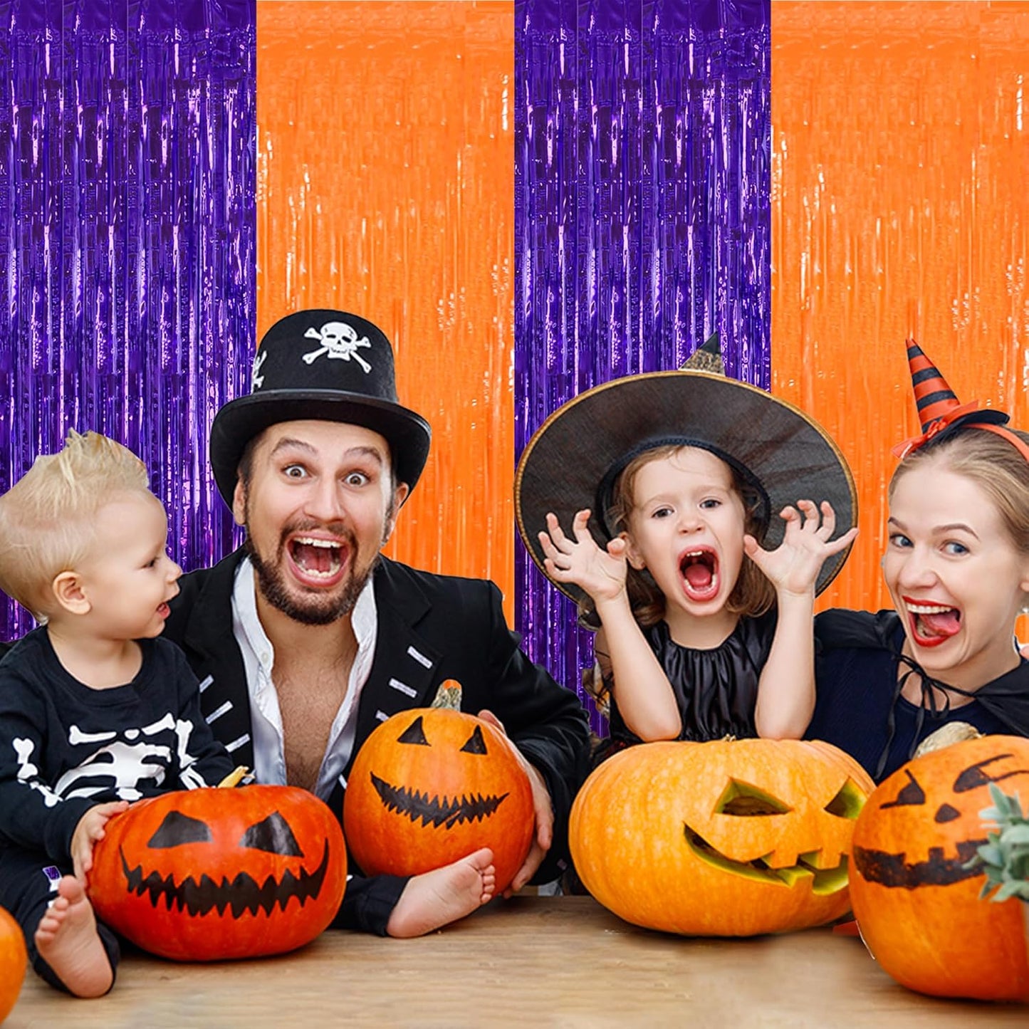 BEISHIDA 2Pcs Orange Purple Door Streamer Happy Halloween Backdrop Foil Fringe Tinsel Horry Party Curtains Backdrops for Horry Party Hallowen Decoration (3.28 ft x 6.56 ft)