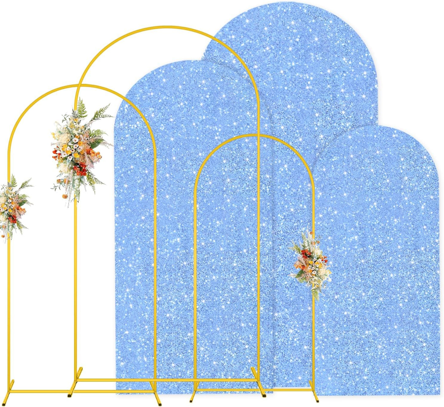 MODFUNS Metal Arch Backdrop Stand and Cover Set 4&5&6ft Light Blue Sequins Arch Backdrop Cover Set of 3 Balloon Arch Frame Romantic Arch Stand with Covers for Wedding Birthday Party Decoration