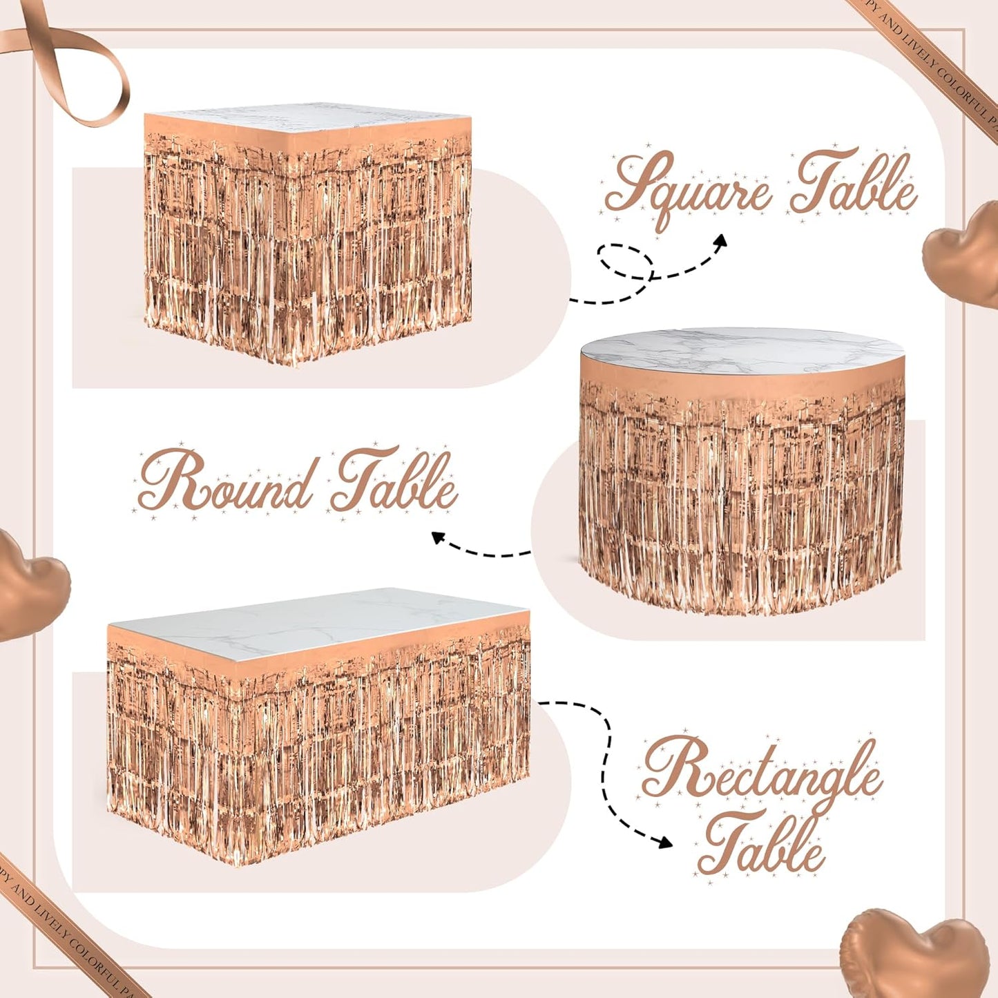 2 Pack Rose Gold Table Skirts, 29x108" Metallic Foil Tinsel Fringe Table Skirts for Rectangle Tables Streamer Curtains Backdrop, Party Decorations for Birthdays Weddings Holidays