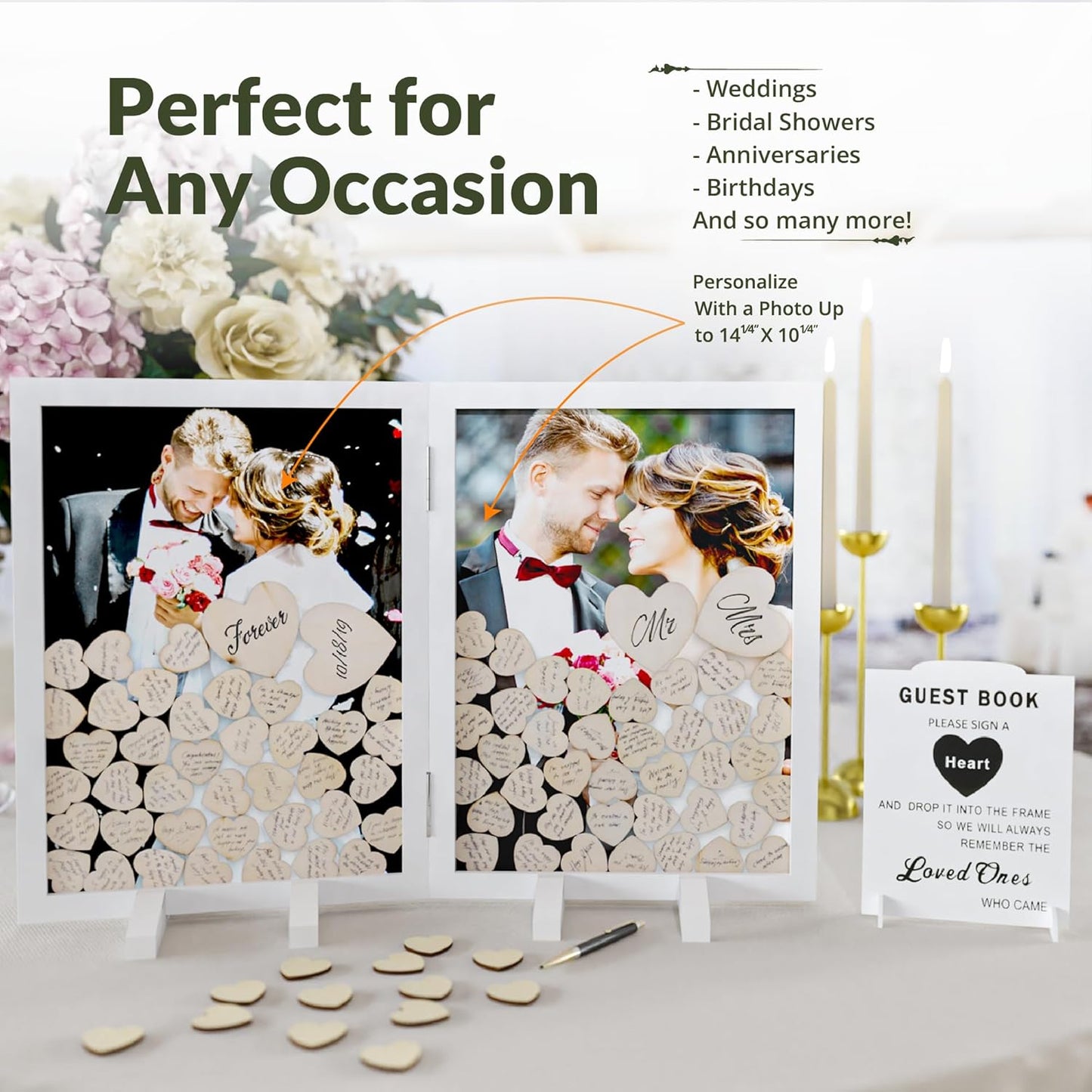 GLM Guest Book Alternative with Sign, 160 Hearts and 4 Large Hearts, Guest Book for Reception, Wedding Decor (White)