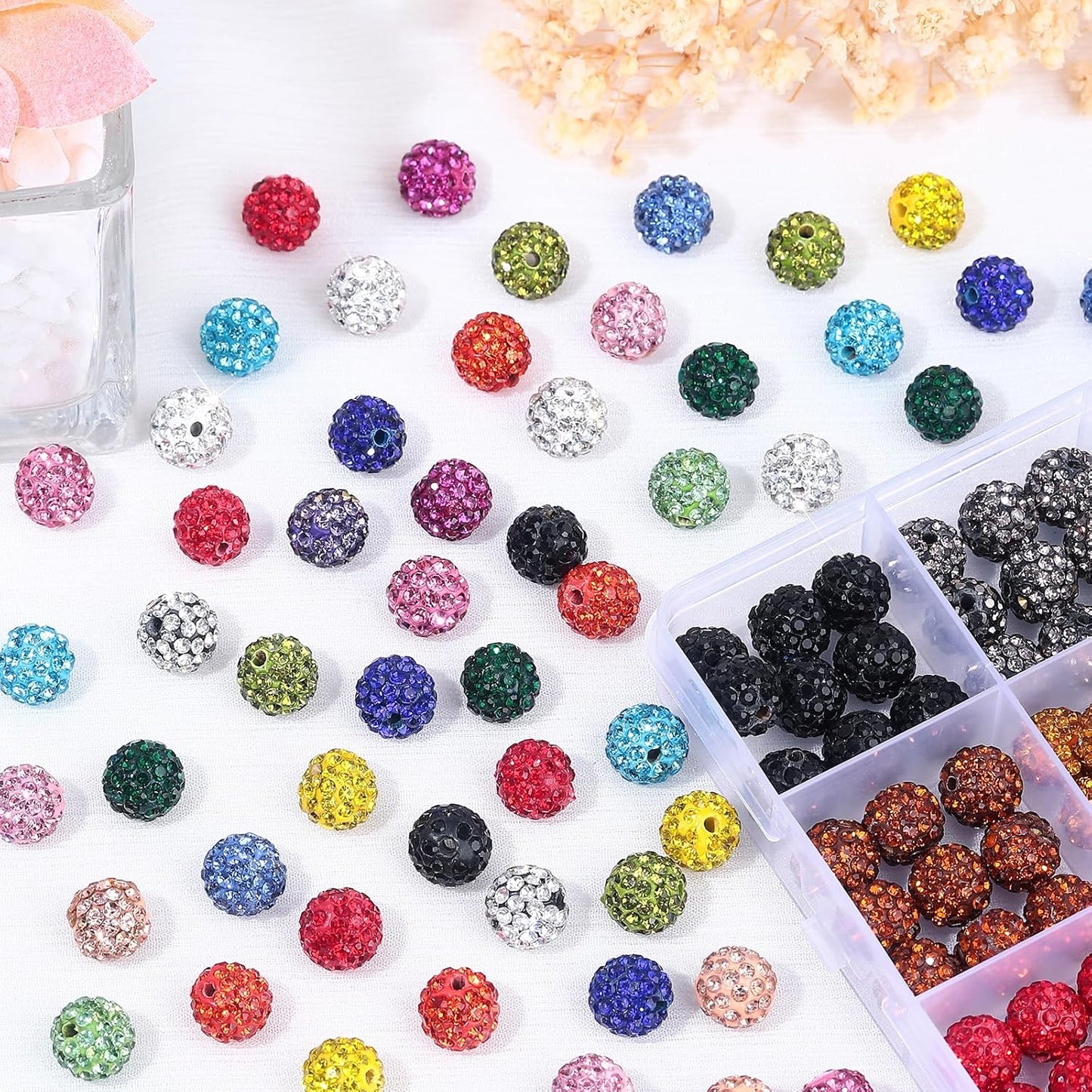240pcs 24 Colors Rhinestone Beads for Crafts, Sparkle Round Crystal Disco Ball Clay Rhinestone Beads for DIY Jewelry Making Bracelet, Necklace, Earring and Christmas Decoration (10mm)