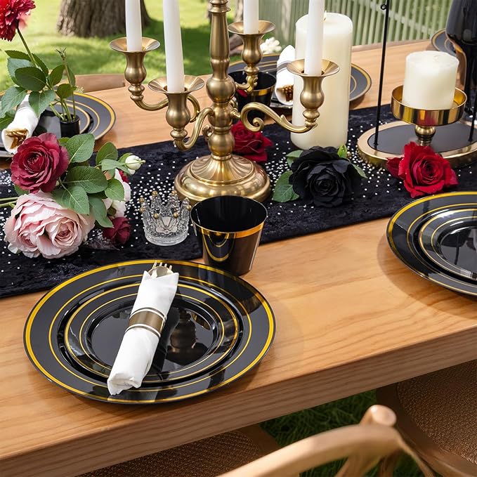 WELLIFE 350PCS Black and Gold Plastic Plates - Plastic Dinnerware Set for 50 Guests,Include 50 Dinner Plates, 50 Dessert Plates, 50 Black Cups 9 OZ, 50 Pre Rolled Napkins with Gold Silverware