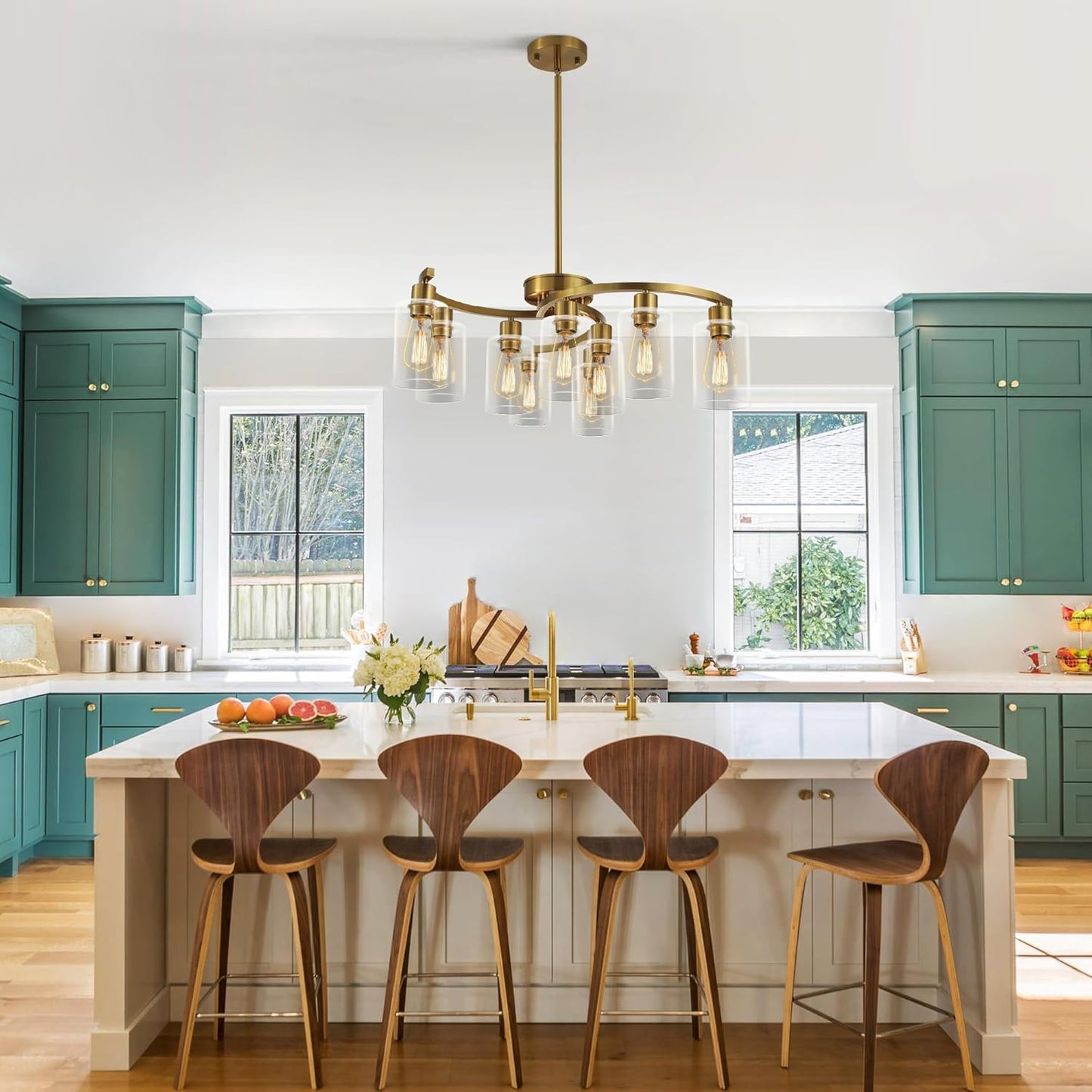 9-Light Gold Glass Chandelier, Adjustable Height Dining Room Light Fixtures Over Table, Contemporary Hanging Chandelier for Kitchen Island Living Room Foyer Office, Clear Glass Shade