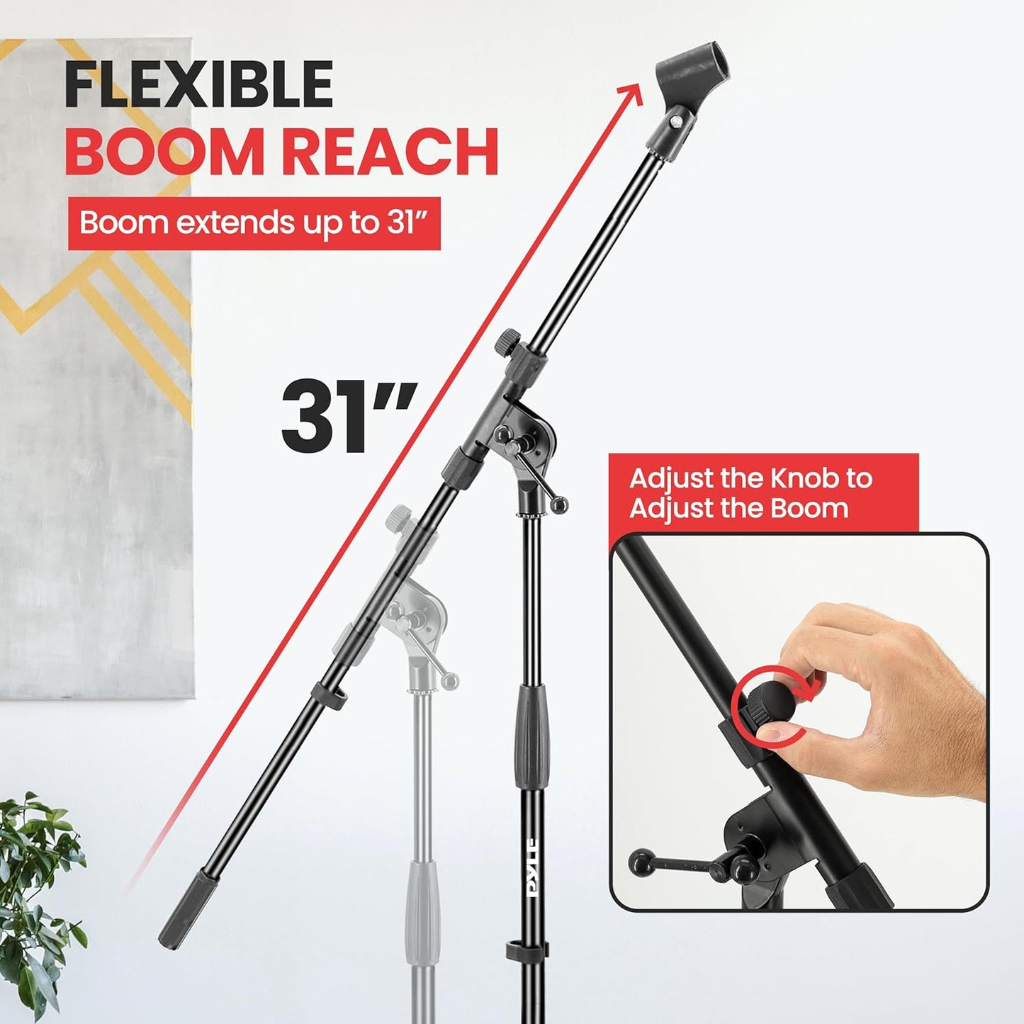Pyle Universal Tripod Microphone Stand - Knob Boom Extends Up to 31'', Strong and Lightweight Tubing, 3.5'' x 38'' -inches, Lightweight and Collapsible Mic Stand