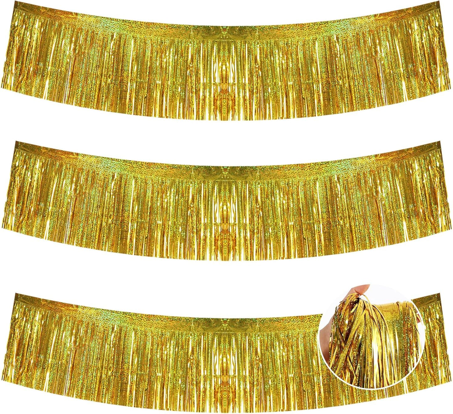 BEISHIDA 3 Packs 30 Feet Metallic Foil Fringe Garland Tinsel Streamers，Laser Gold Wall Hanging Tinsel Fringe Banners for Wedding Birthday Party Decoration Halloween Christmas New Year