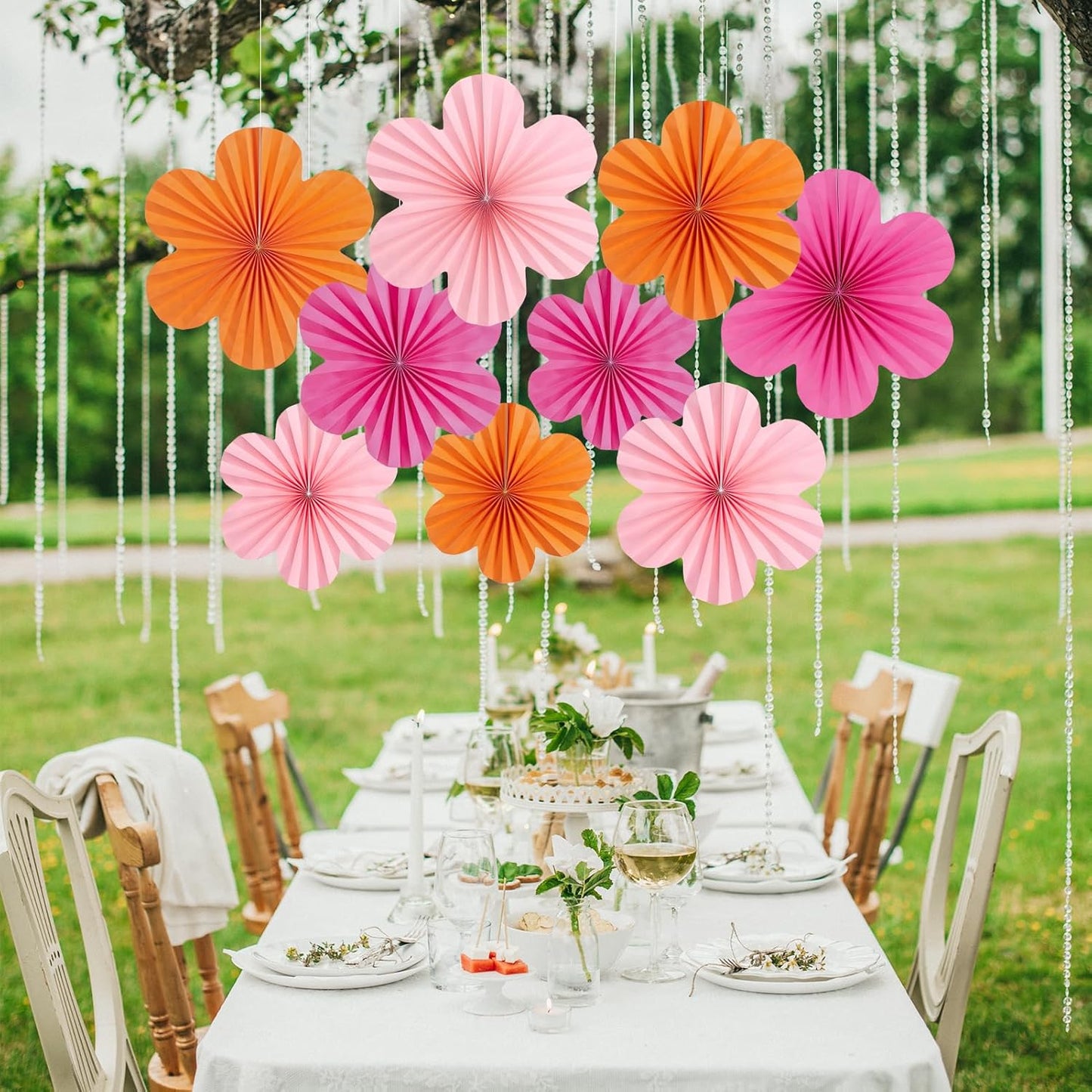SUNBEAUTY 9 PCS Pink and Orange Party Decorations Pink Party Decorations Paper Fans Party Decorations Sunset Party Decorations Flower Party Decorations Paper Flowers Decorations for Wall