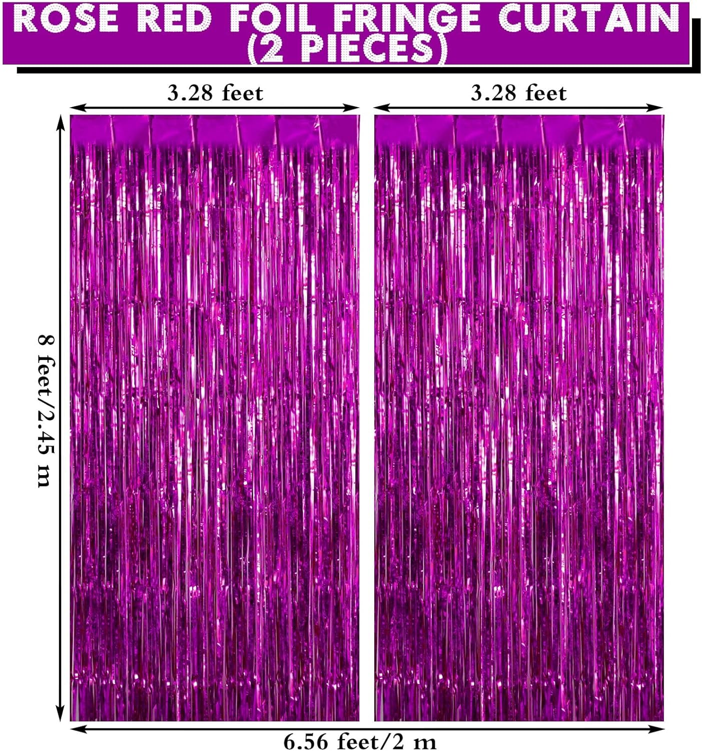 2 Pack Rose Red Fringe Curtains Foil Shiny Fringe Backdrop Tinsel Door Streamers Foil Curtains for Birthday Wedding Engagement Bridal Shower Celebration Party Decorations Large