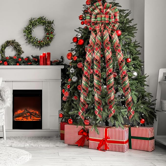 WRAPAHOLIC Large Christmas Tree Topper Bow - 13 x 52 Inch Classic Plaid Glitter Christmas Tree Topper Ribbon Bow Wreath Bows with Wired Edge for Xmas Ornament Indoor Outdoor Decoration
