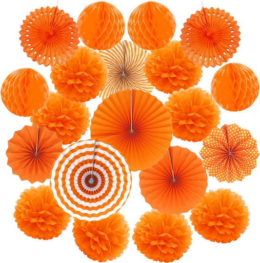 Hanging Paper Fan Set, Tissue Paper Pom Poms Flower Fan and Honeycomb Balls for Birthday Baby Shower Wedding Festival Decorations - Orange
