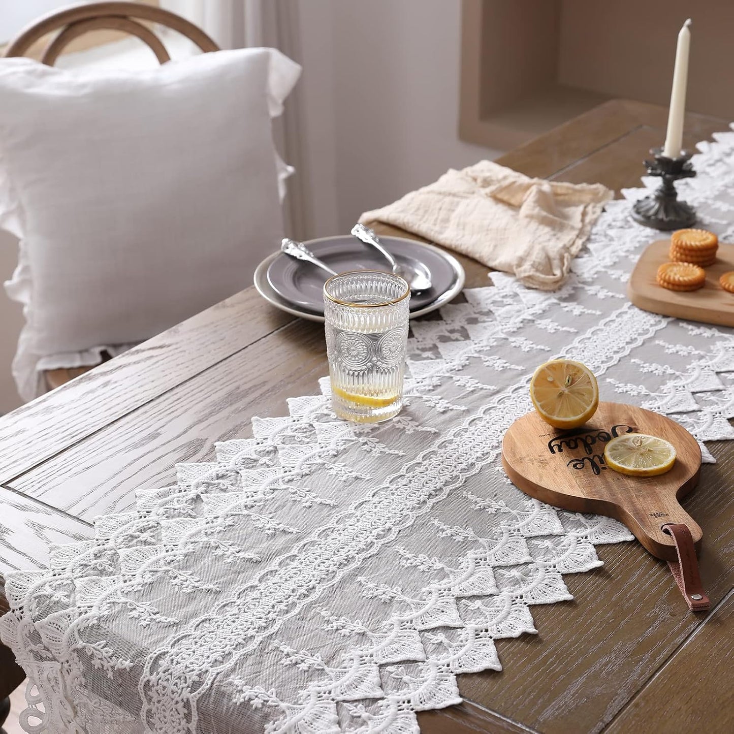 patdrea Designer Vintage White Lace Table Runner,Crochet Decorative Table Covers,Chiffon Embroidered Tasseled Table Runners, Cutwork Dresser Runners,Christmas Wedding Party Bridal 16x71 Inches Long