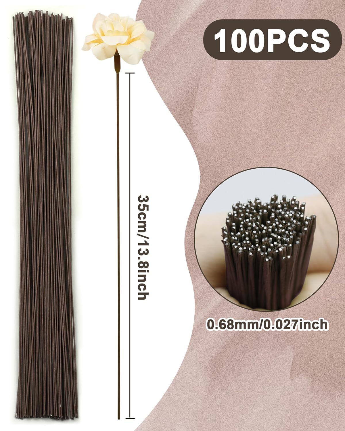 100 PCS FIVEIZERO 26 Gauge Beown Floral Wire Stems for Artificial Flower Making,Florist Wire,Flower Wires for Crafts,Alambre para Flores for Wreaths, Flower Arrangements and DIY Projects