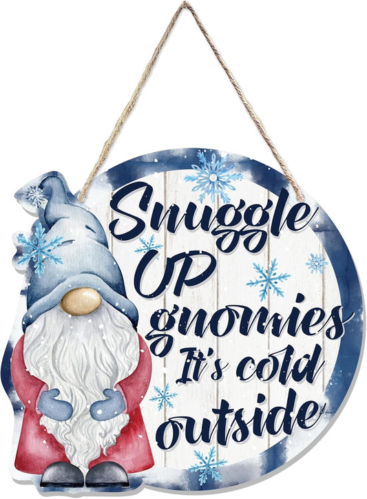 CGBHW Winter Snowflake Snowman Gnome Wooden Sign, Winter Wreath Christmas Holiday Vavy Blue Decoration Hanging Sign Wall Decor, Snuggle up Gnomies It’s Cold Outside Home Door Decor 12 x 12 Inch