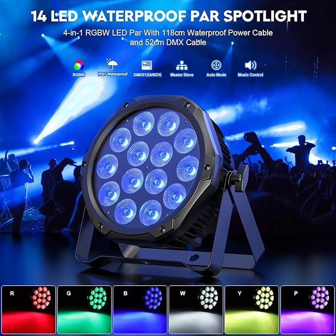 Outdoor Stage Lights Waterproof DMX DJ Par Can Light 14LED RGBW 4in1 Strobe Wash Uplighting for Theater, Event, Halloween, Christmas, Church, Wedding Party, Stage, Performance