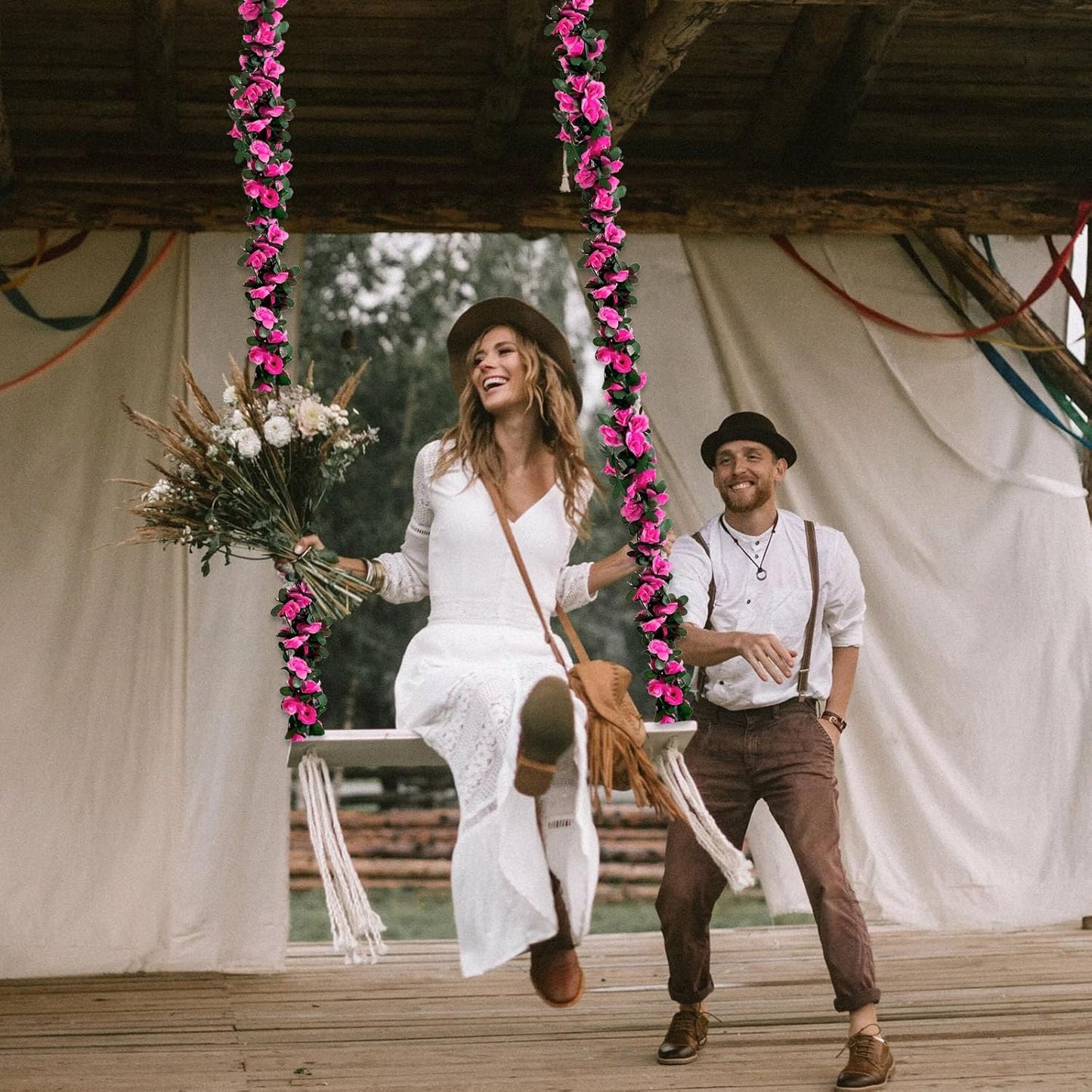 16Pcs 126Ft Fuchsia Rose Garland, Fake Rose Hanging Flowers, Artificial Flower Vine, Hanging Floral Vine Garland for Wedding, Birthday Party, Wall Arch, Halloween, Christmas Garden Backdrop Decor