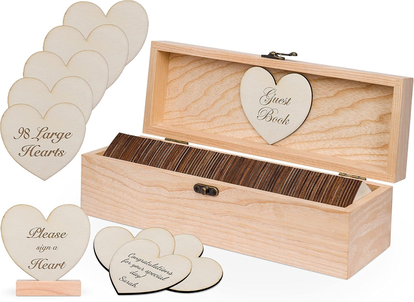 Jecor Wedding Guest Book Alternative - 98 Large Hearts - 2 Hearts Signs - Guest Book Wedding Reception, Baby & Bridal Shower, Anniversary, Birthday, Funeral - Natural