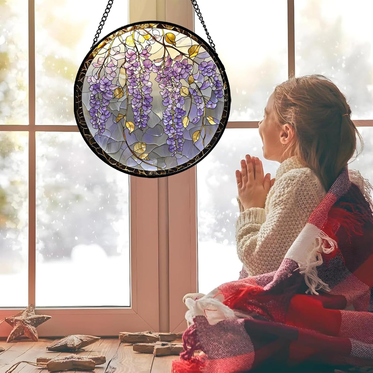 Stained Glass Window Hanging - Wisteria Flower Golden Leaves Sun Catcher for Door Home Decor Plant Suncatcher Christmas Mother's Day Birthday Gifts for Women Men Lovers Mom Nana 15 in