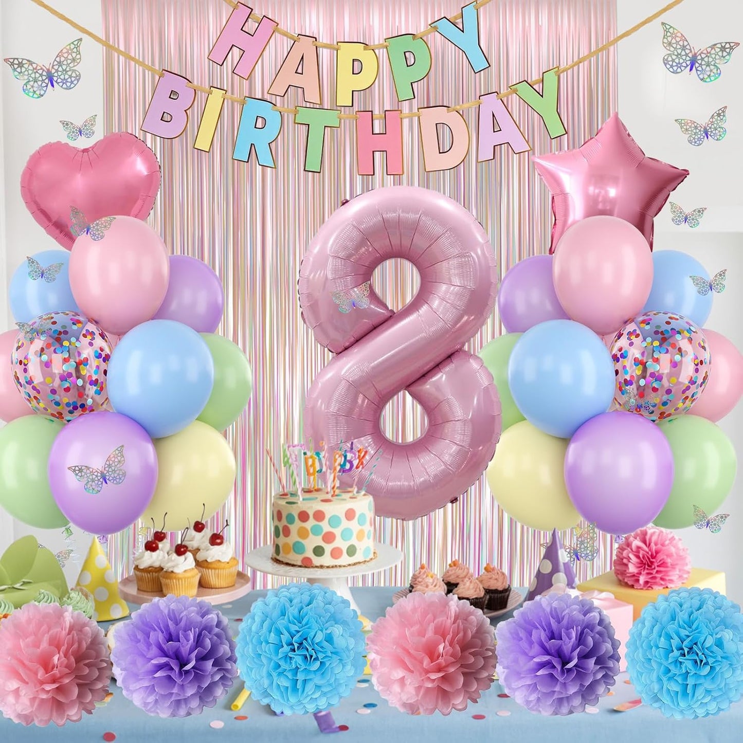 Pastel 8th Birthday Party Decorations for Girls Number 8 Balloon Happy Birthday Banner Butterfly Stickers Fringe Curtain Paper Pom Poms Macaron Pink Star Heart Foil Colorful Balloons 8 Year Old Decor