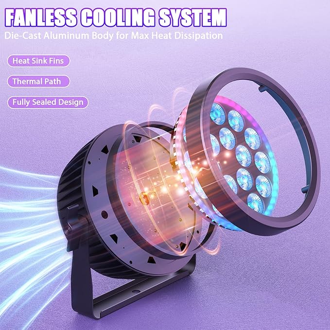 200W Aluminum Cast Fanless & Silent Stage Lights, 4 in 1 RGBW LED Par Lights with Dynamic Aperture, DMX512/Auto/Sound Activated Par Can Uplights for Events Wedding Bar Party Stage - 2Packs
