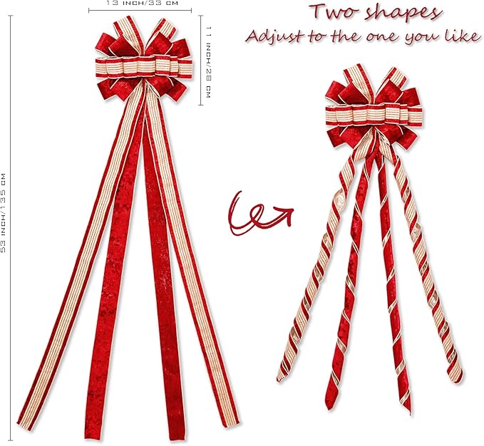 Christmas Tree Topper Bow，53 x 13 Inches Velvet Large Christmas Bow Decor with Long Glittering Streamer Line，Xmas Decorations for Tree Wreath Door Festival Home(Red & Gold Line)